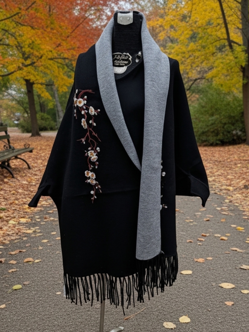 NWOT 2025 Kloth & Clover Black Grey Fringed Tassel Wrap Plum Blossom Embroidery